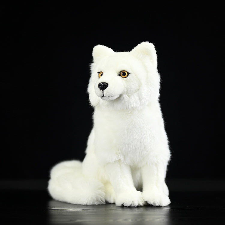 SoftDaysLab lifelike Arctic fox stuffed animal sitting upright with fluffy tail and detailed features