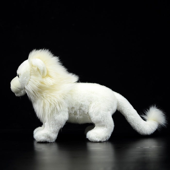 Side profile of a white lion plush toy with a fluffy mane and detailed tail, ideal for gifts