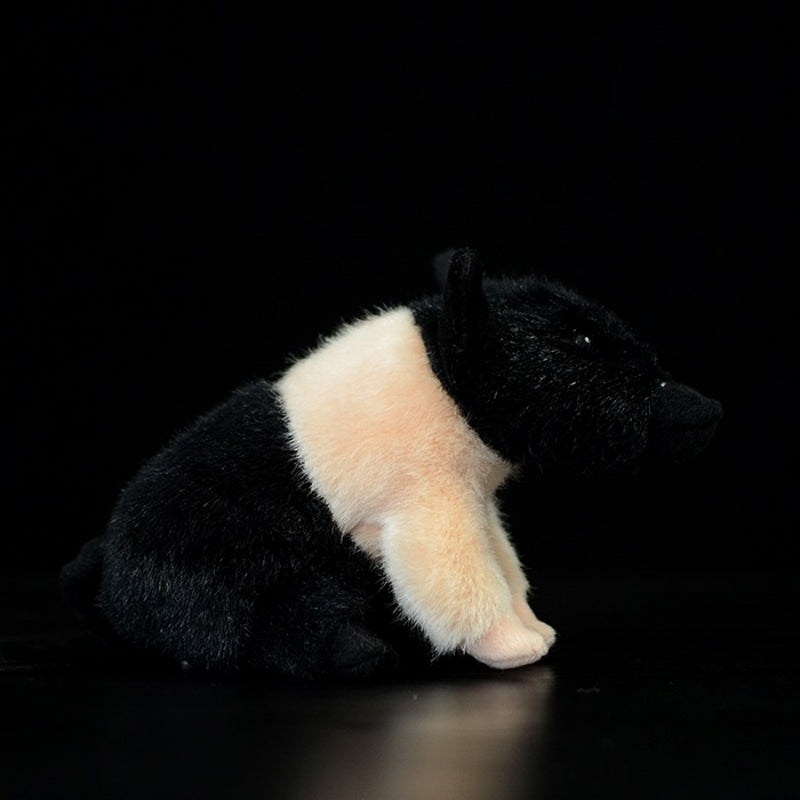 Side profile of teacup pig plush in black and white, designed with adorable detail by SoftDaysLab