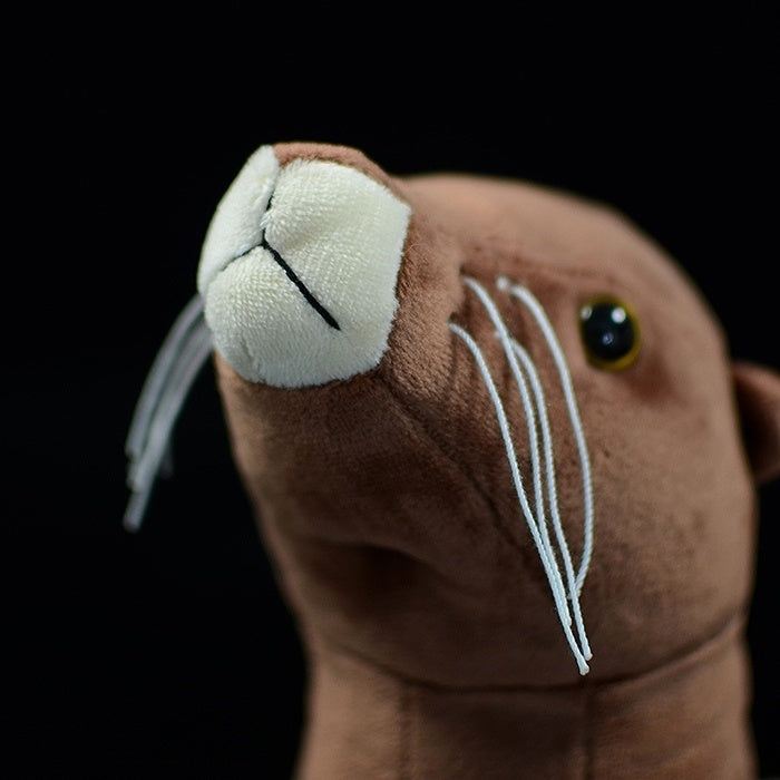 Close-up of the fur seal plush toy's face, showing realistic whiskers and adorable nose detail