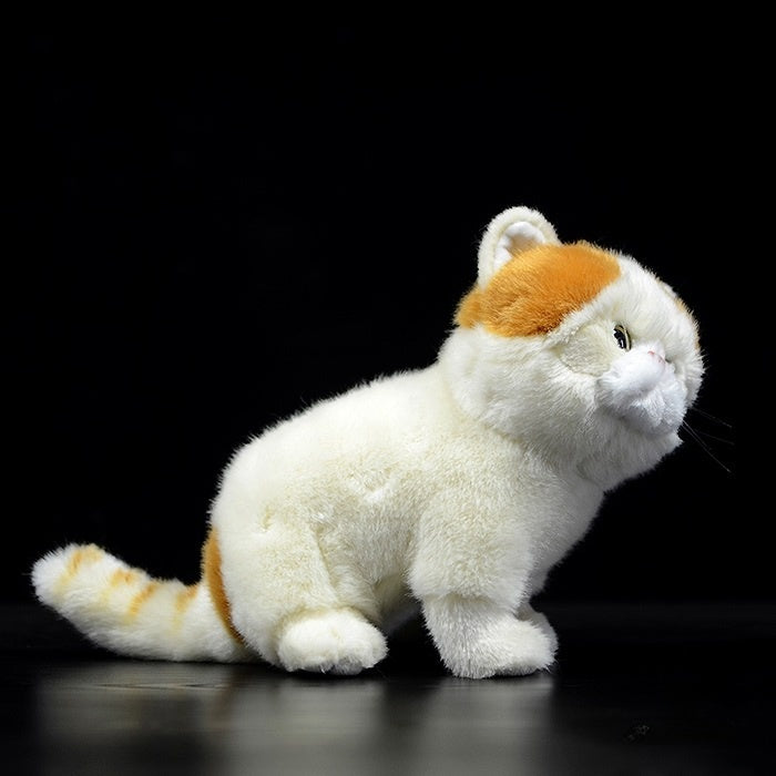 Side view of a realistic Exotic Shorthair cat plush in orange and white, featuring soft fur and detailed design