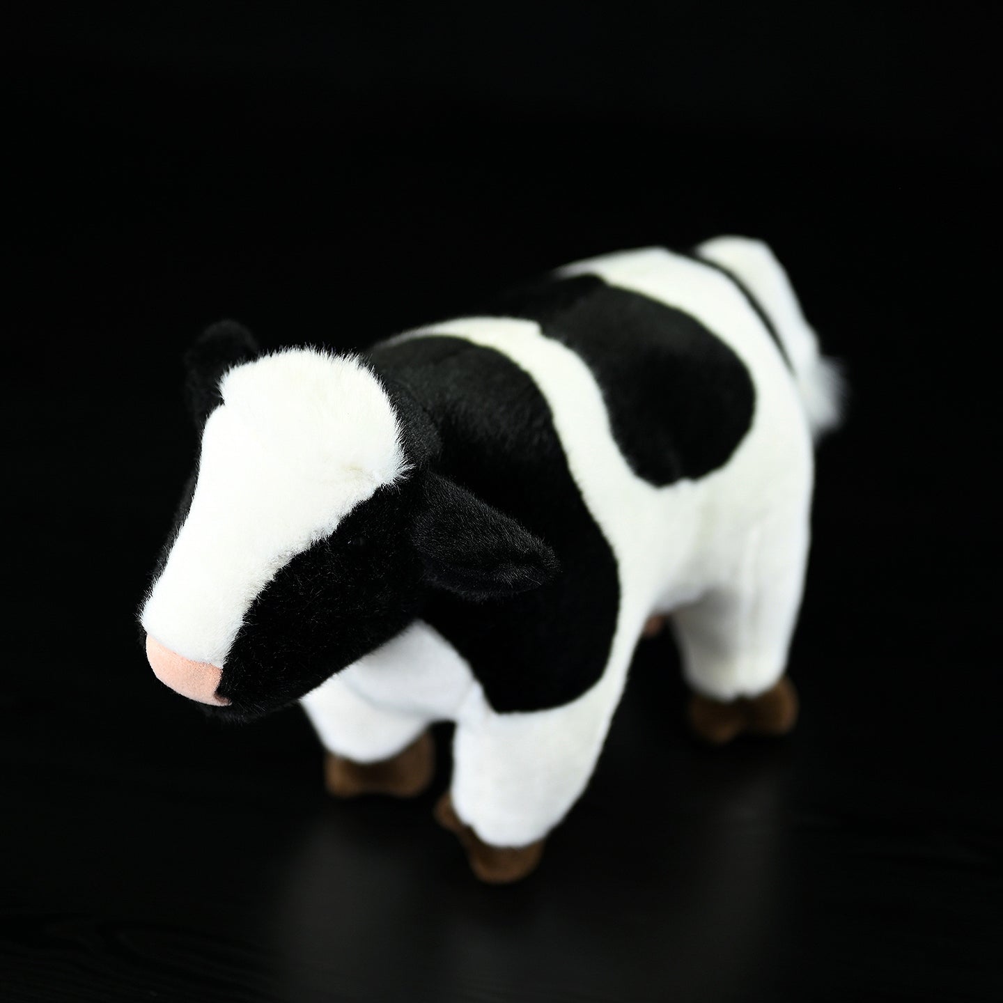 Top view of a Holstein cow plush toy with soft fabric and authentic markings for collectors or kids