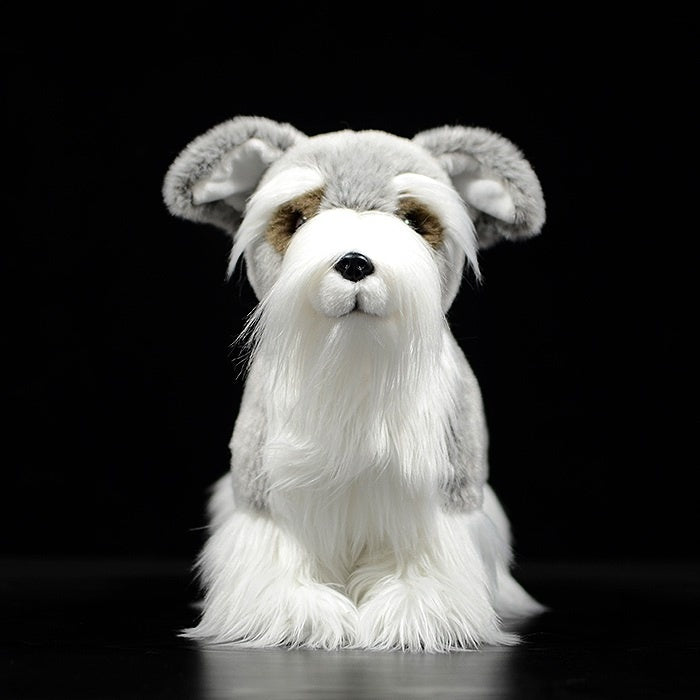 Front view of lifelike Salt and Pepper Miniature Schnauzer plush toy with soft fur by SoftDaysLab