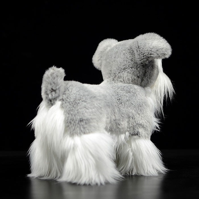 Rear view of a lifelike Salt and Pepper Miniature Schnauzer plush toy showcasing its soft texture by SoftDaysLab