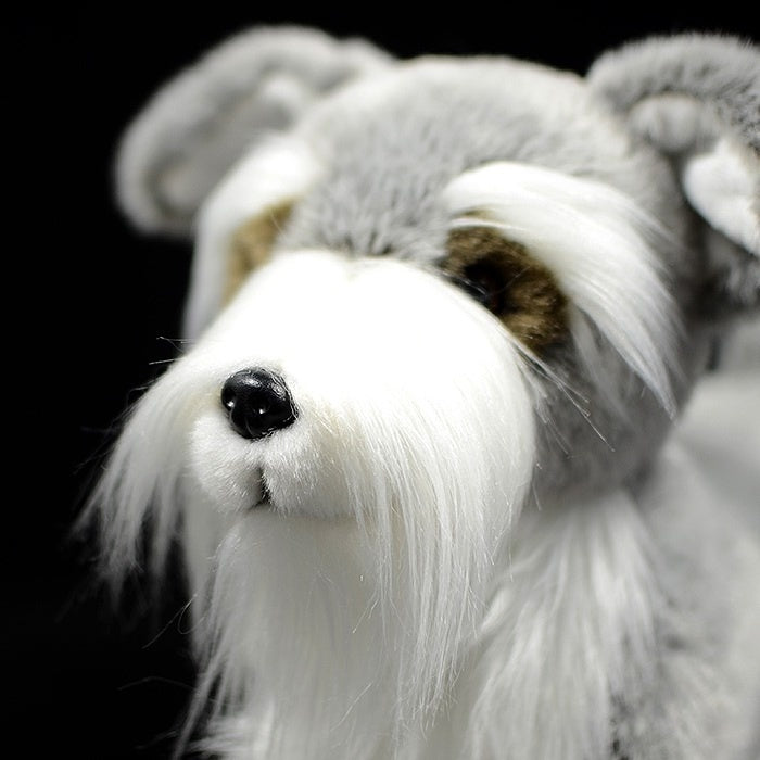 Close-up of Salt and Pepper Miniature Schnauzer plush toy’s face, highlighting its realistic features by SoftDaysLab