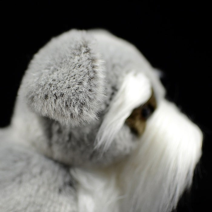 Detailed view of Salt and Pepper Miniature Schnauzer plush toy’s ear, crafted with soft materials by SoftDaysLab