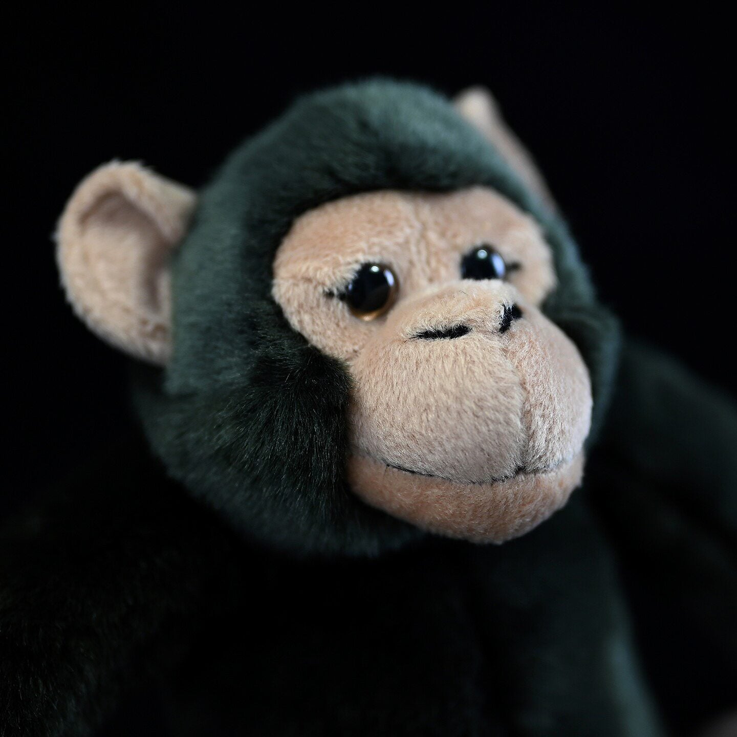 Close-up of chimpanzee plush face with expressive eyes, realistic design, and soft cuddly fur