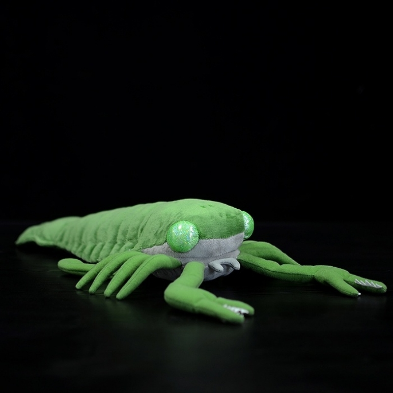 Angled view of the green Pterygotus plush toy showcasing its prehistoric design by SoftDaysLab