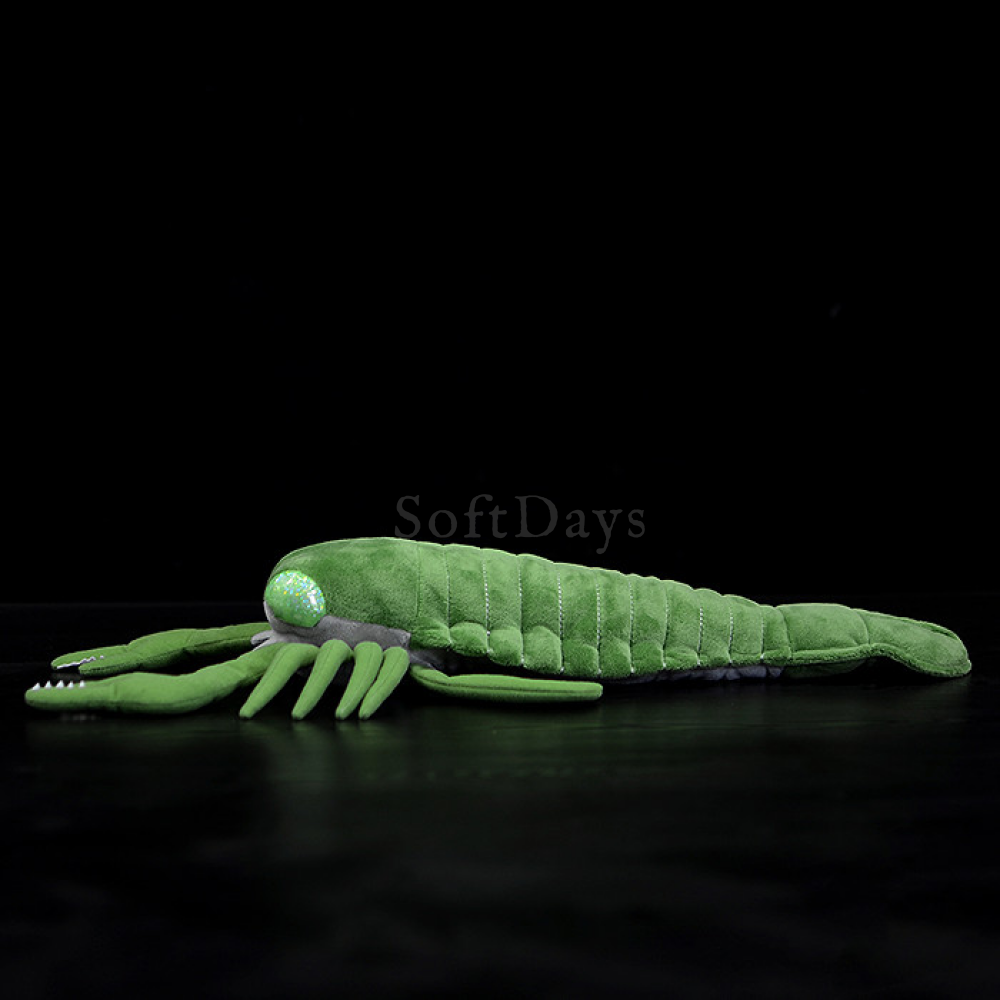 Side view of realistic Pterygotus plush sea scorpion, featuring detailed legs and body by SoftDaysLab