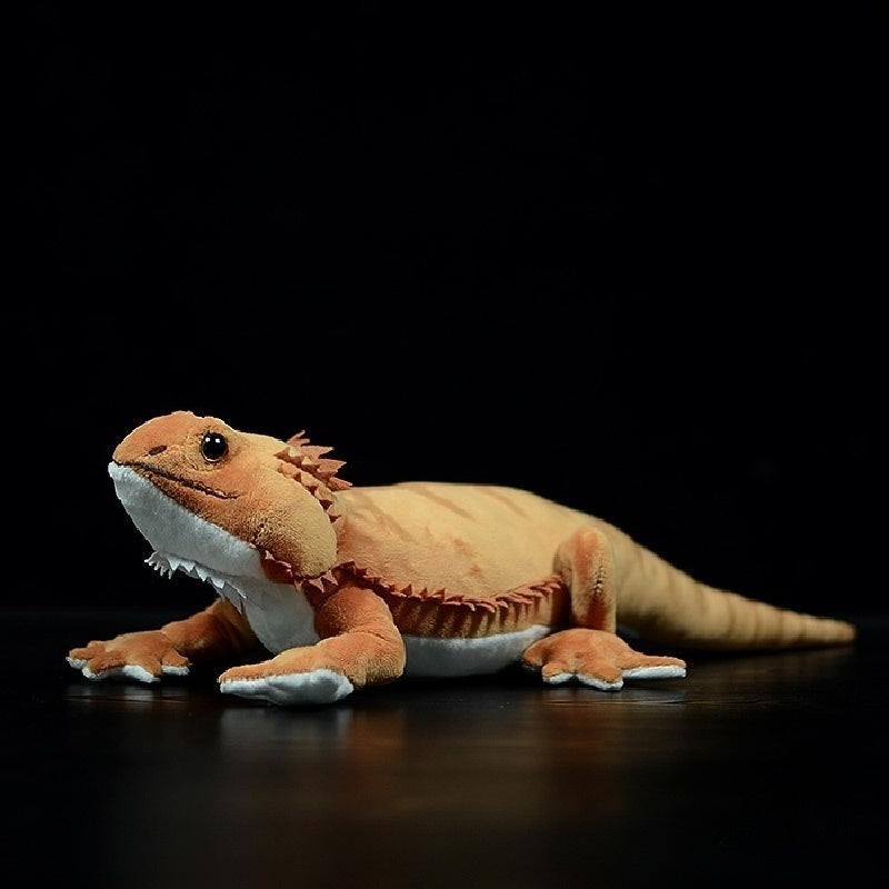 Slightly angled view of bearded dragon plush toy, showing full body with lifelike features and vivid details by SoftDaysLab