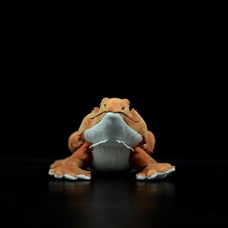 Front view of lifelike bearded dragon plush toy showing realistic face details and cute design by SoftDaysLab