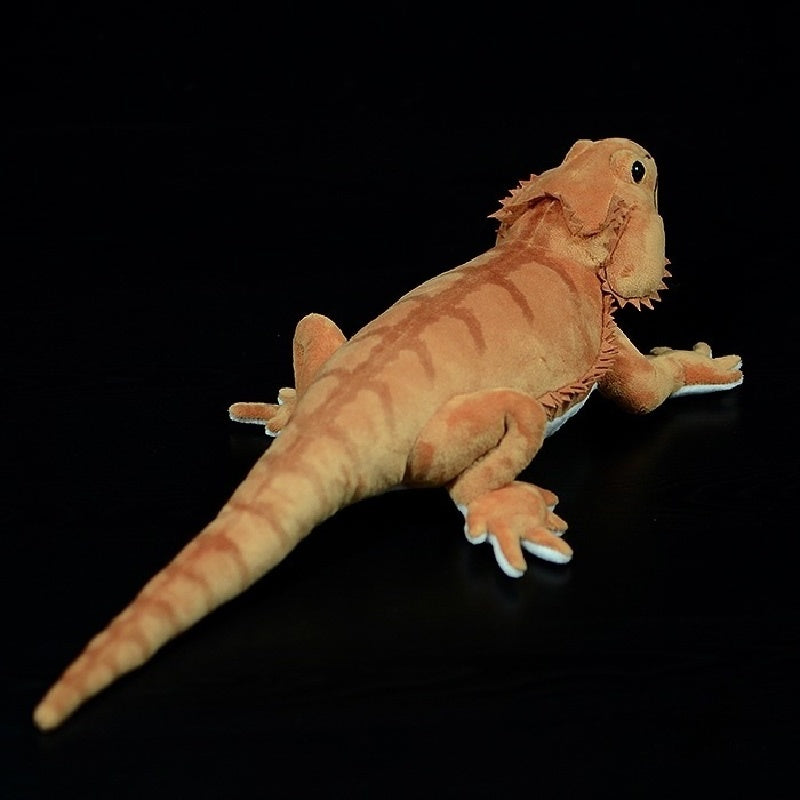 Rear view of realistic bearded dragon plush toy highlighting tail stripes and soft texture by SoftDaysLab