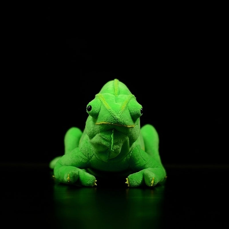 Front view of green chameleon stuffed animal, highlighting lifelike eyes and soft body fabric design