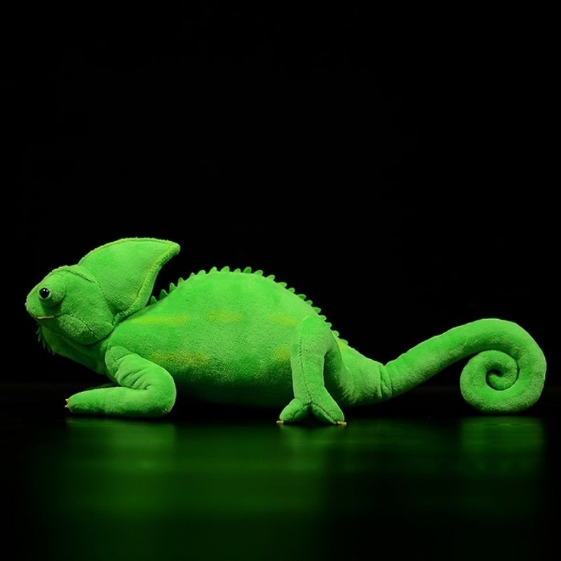 Full profile of green chameleon plush toy showing coiled tail and vivid green tones by SoftDaysLab
