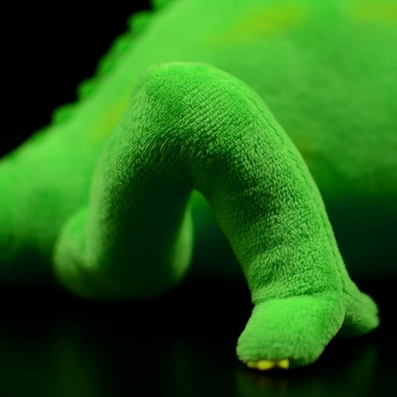 Close-up of green chameleon plush toy’s curved, soft feet and realistic anatomy for immersive play