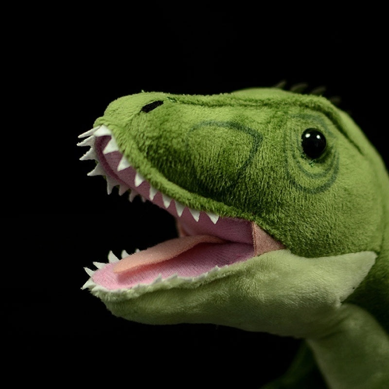 Close-up of T-Rex dinosaur plush toy’s textured head, sharp teeth, and lifelike eye design by SoftDaysLab
