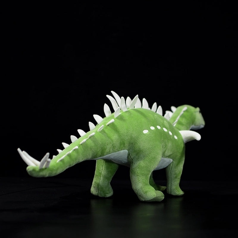 Rear view of Huayangosaurus dinosaur plush toy highlighting detailed back and tail spikes