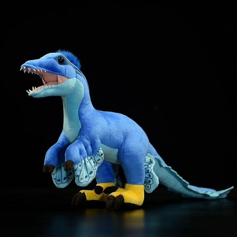 Full view of Microraptor dinosaur plush toy with colorful wings and lifelike details by SoftDaysLab