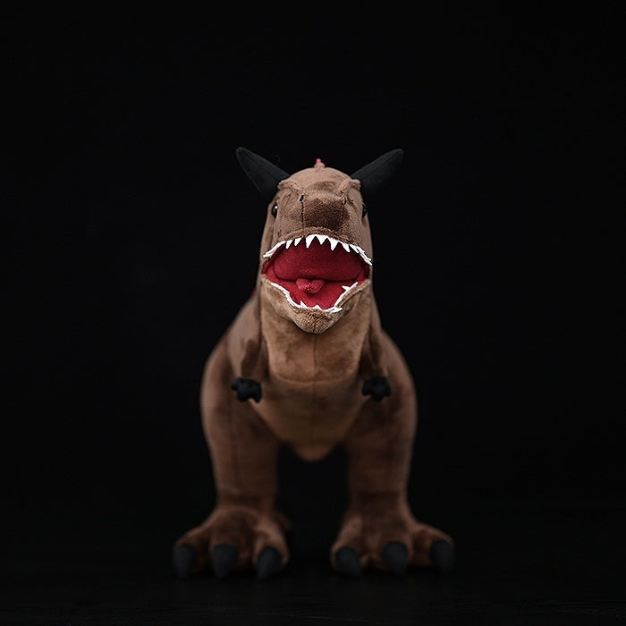 Front view of Carnotaurus Dinosaur Plush Toy showing fierce teeth and roaring pose