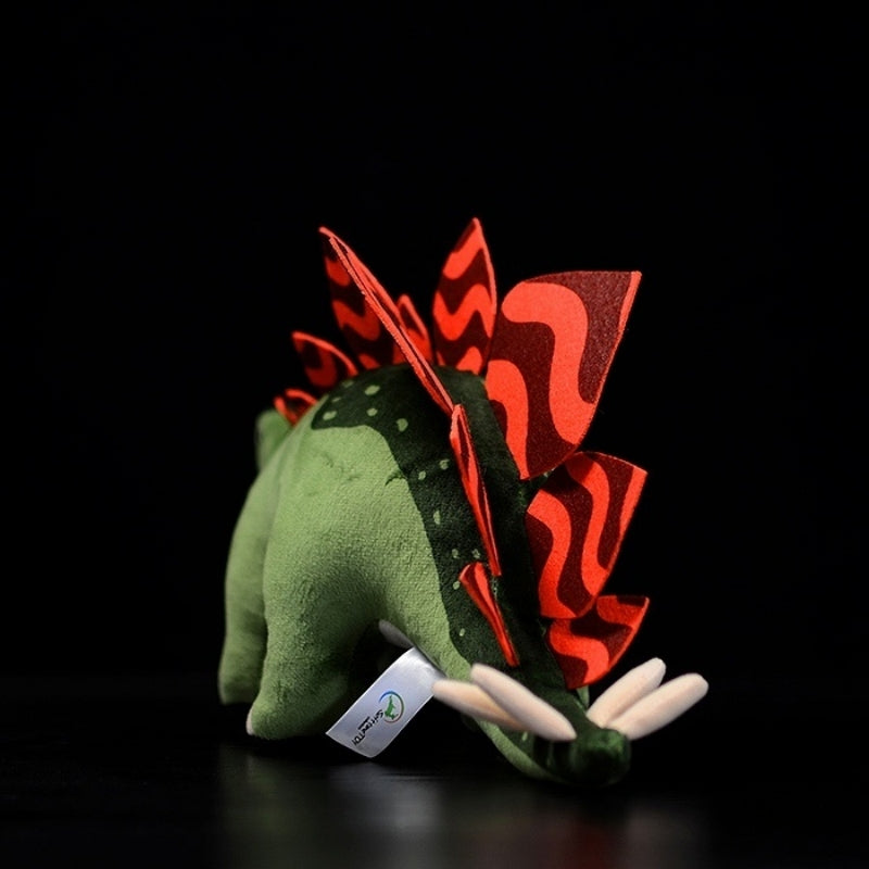 Rear angle of Stegosaurus dinosaur plush toy featuring patterned red plates and detailed tail spikes