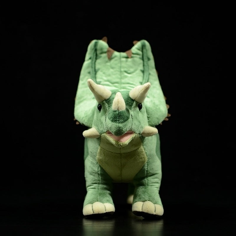 Front pose of Pentaceratops dinosaur plush toy with realistic horns and soft fabric for cuddling