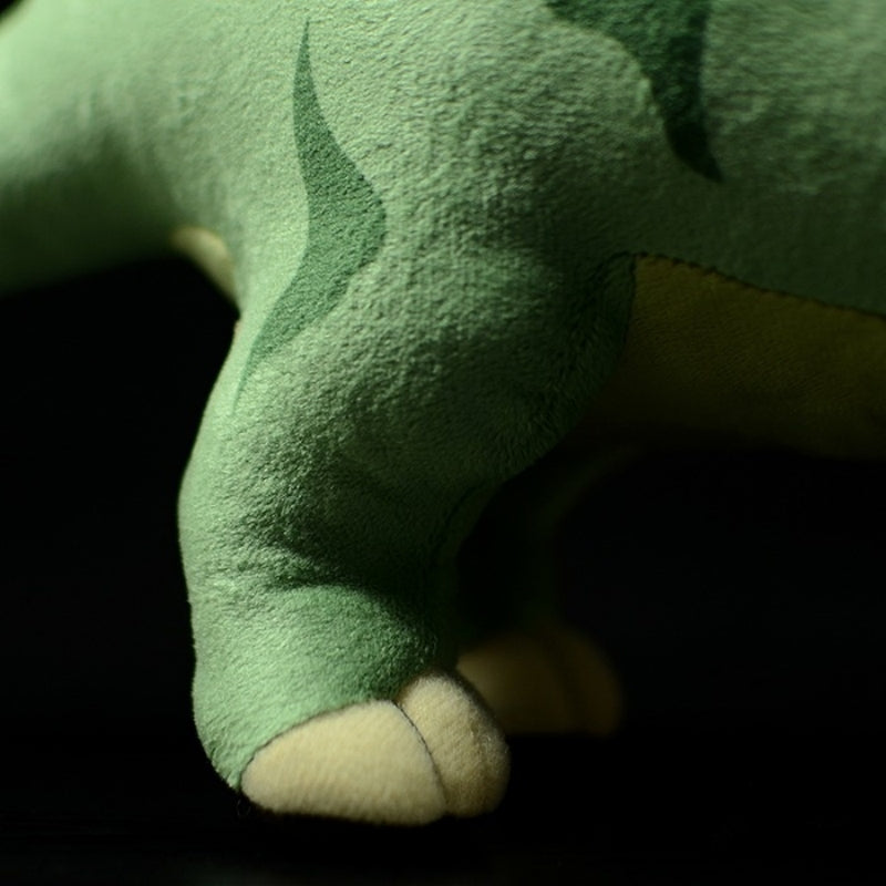 Close-up of Pentaceratops dinosaur feet, highlighting precise stitching and durable plush material