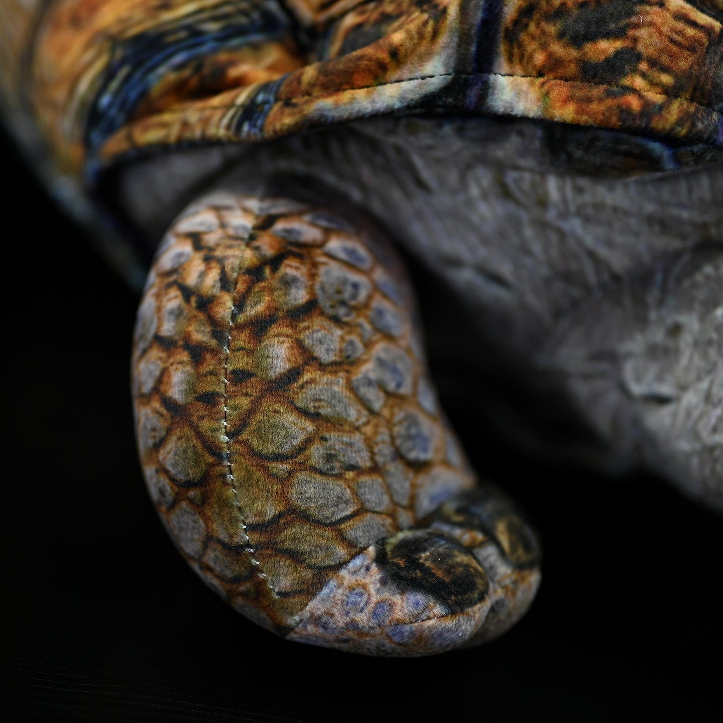 Close-up of Galápagos giant tortoise plush leg, highlighting textured details for a realistic touch