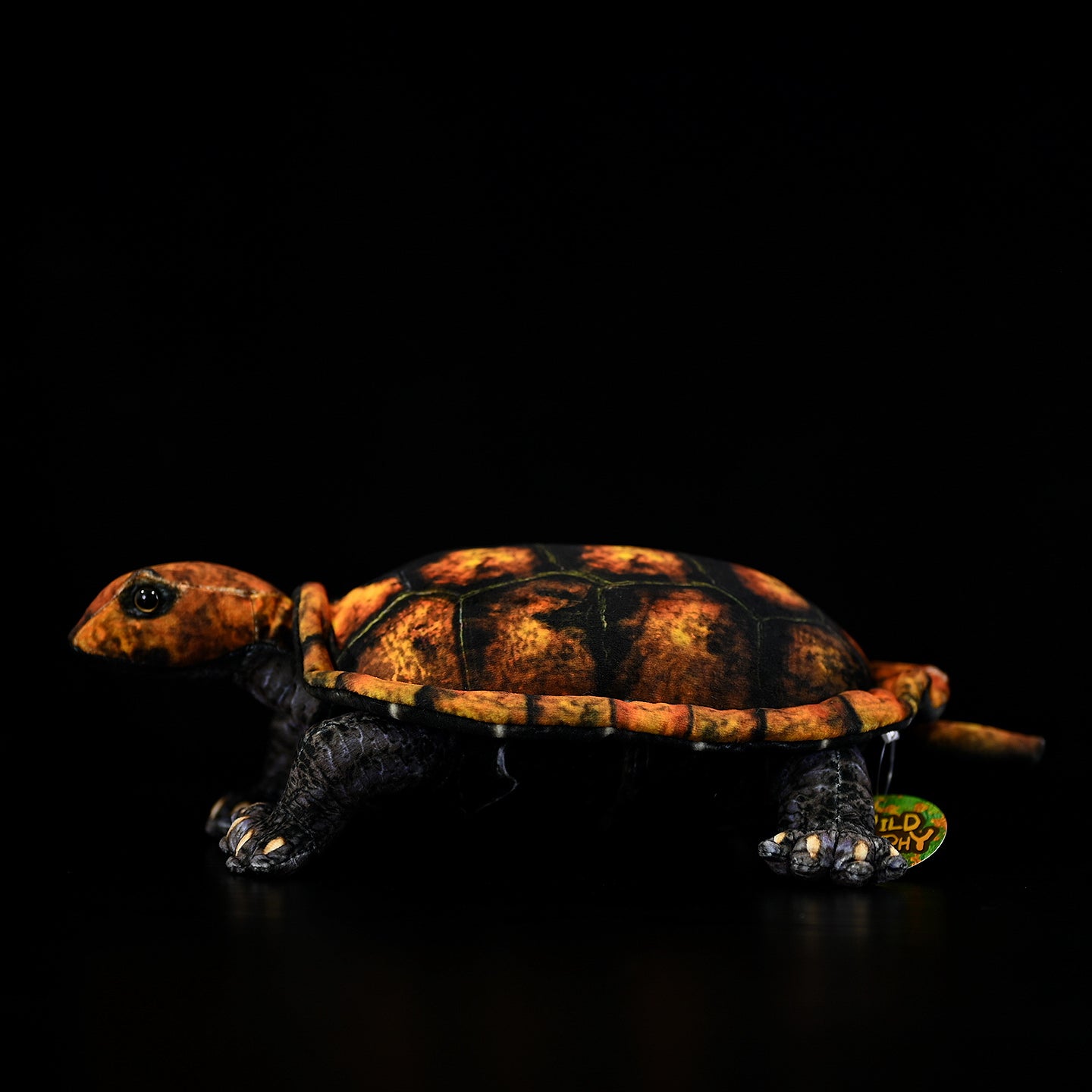 Side view of a Japanese pond turtle plush, featuring vibrant shell patterns and lifelike details for turtle lovers