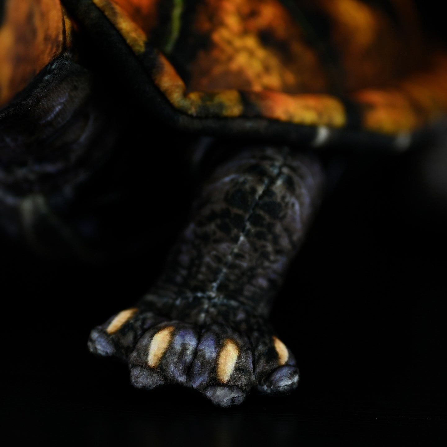 Close-up of Japanese pond turtle plush foot, highlighting realistic texture and intricate craftsmanship