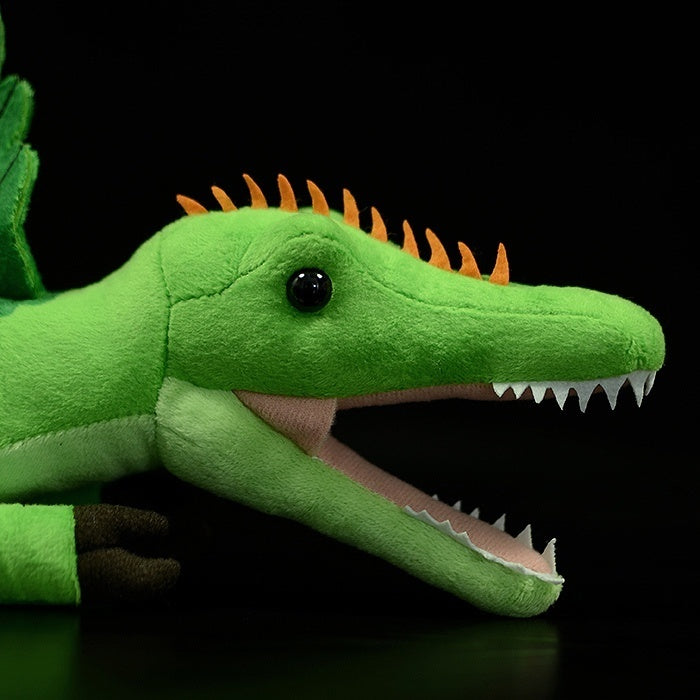 Close-up of Spinosaurus head with detailed eyes, teeth, and orange spines by SoftDaysLab