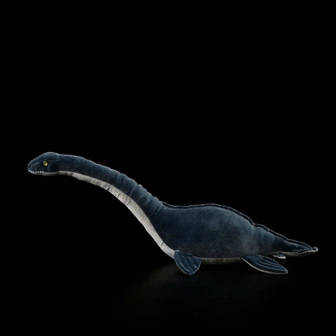 Detailed left profile of SoftDaysLab® stuffed plesiosaur, depicting its elegant long neck and flippers