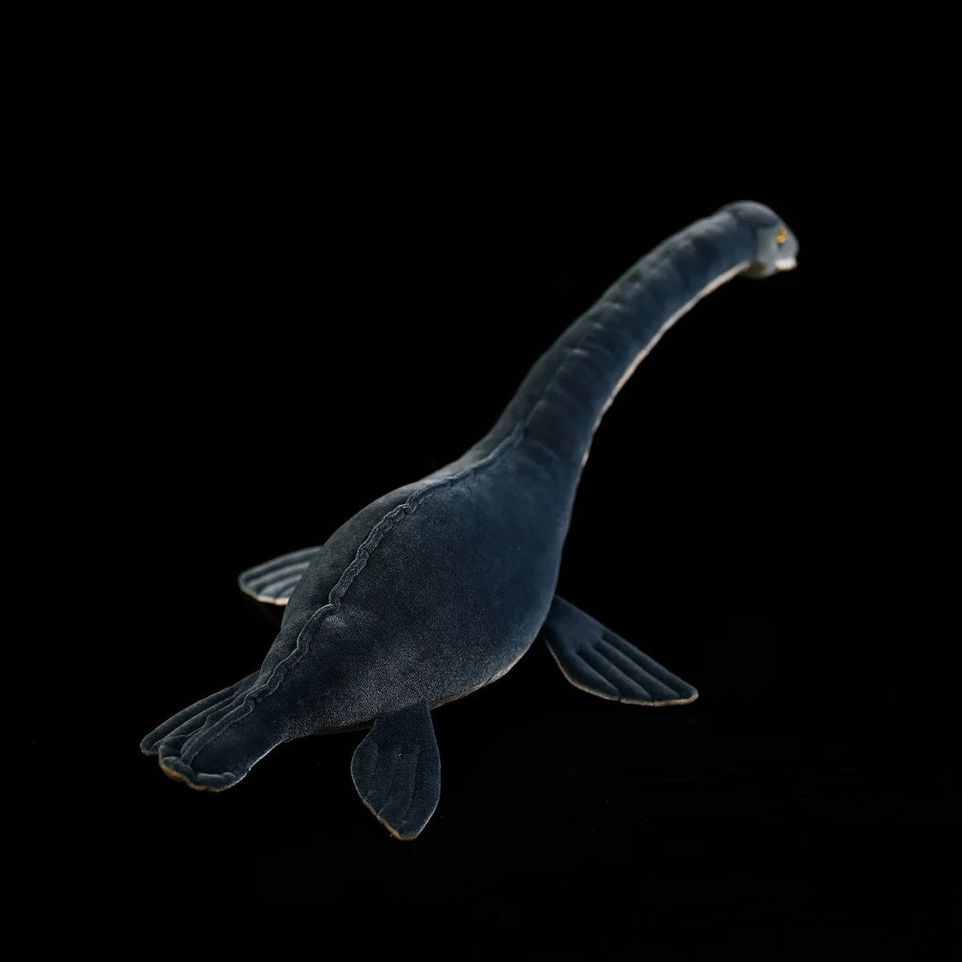 Top angle of the SoftDaysLab® long-necked plesiosaur plush, showcasing its detailed back and realistic flipper design