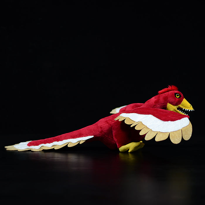Side view of lifelike Archaeopteryx plush by SoftDaysLab®, showing intricate feather and body details