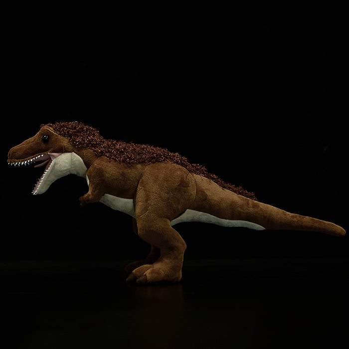 Full-body side view of SoftDaysLab® Yutyrannus plush, showcasing its feathered design