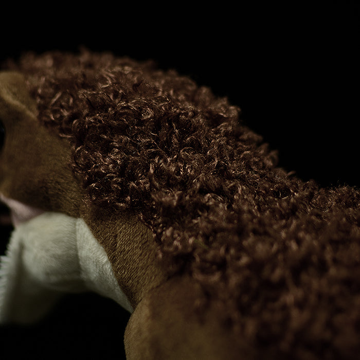 Detailed view of textured feathers on Yutyrannus plush by SoftDaysLab®, lifelike dinosaur look