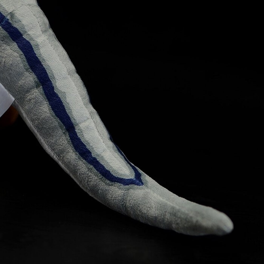Tail detailing of the SoftDaysLab® Velociraptor plush, featuring iconic blue stripes in realistic design