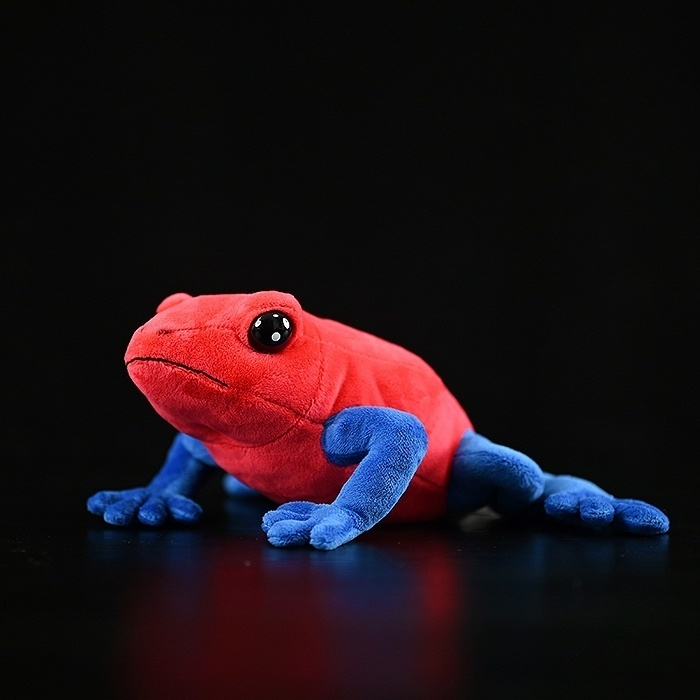 Strawberry Poison Dart Frog plush by SoftDaysLab, a lifelike red and blue stuffed amphibian toy