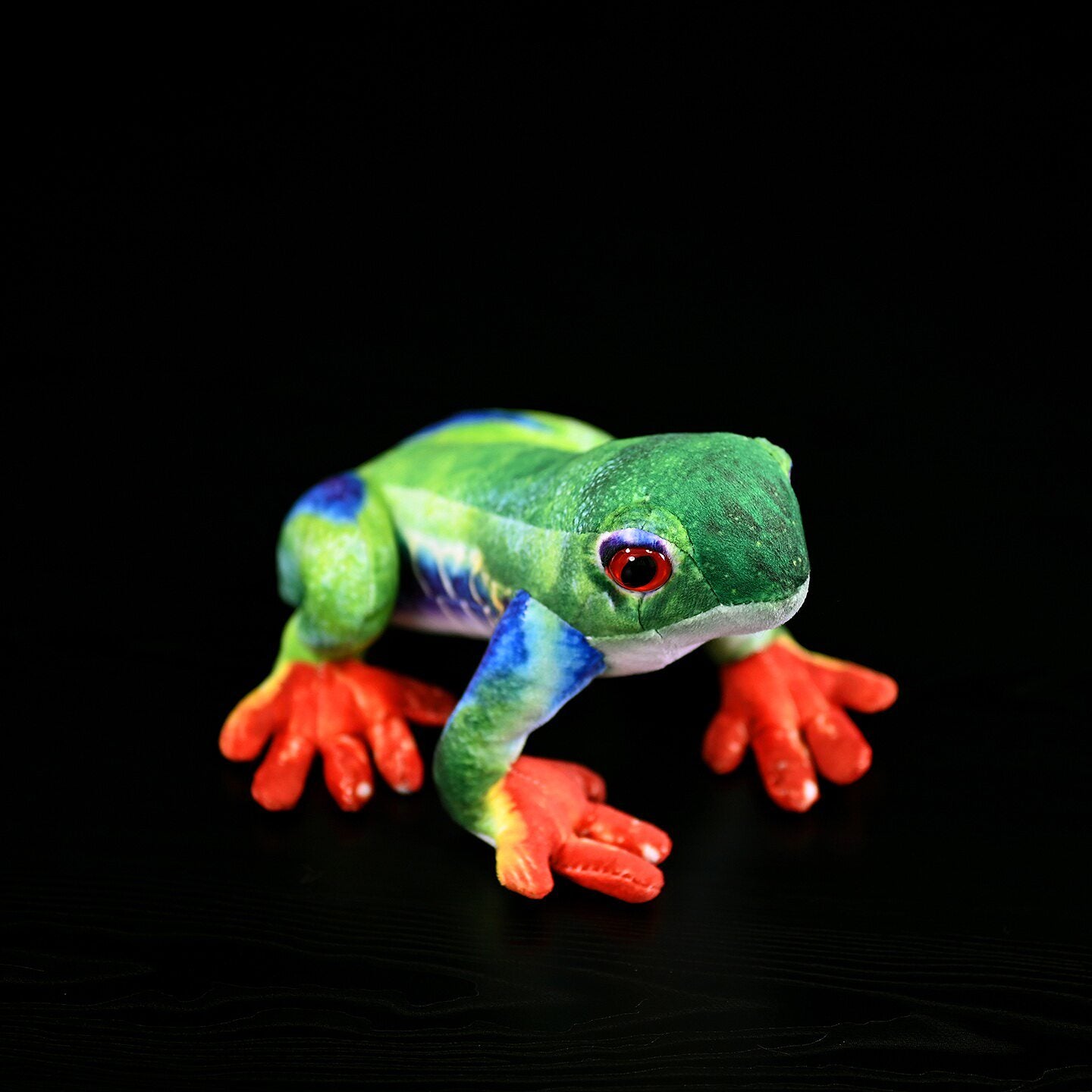 Back angle of Red-Eyed Tree Frog Plush highlighting detailed green and blue patterns by SoftDaysLab