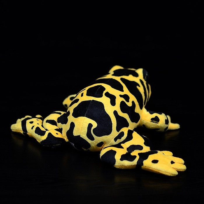 Back view of Yellow-Banded Poison Dart Frog plush toy by SoftDaysLab, showcasing its patterns