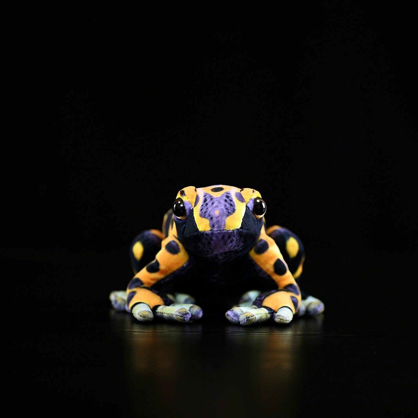 Front view of a Yellow-Banded Poison Dart Frog Plush by SoftDaysLab, realistic and vibrant design