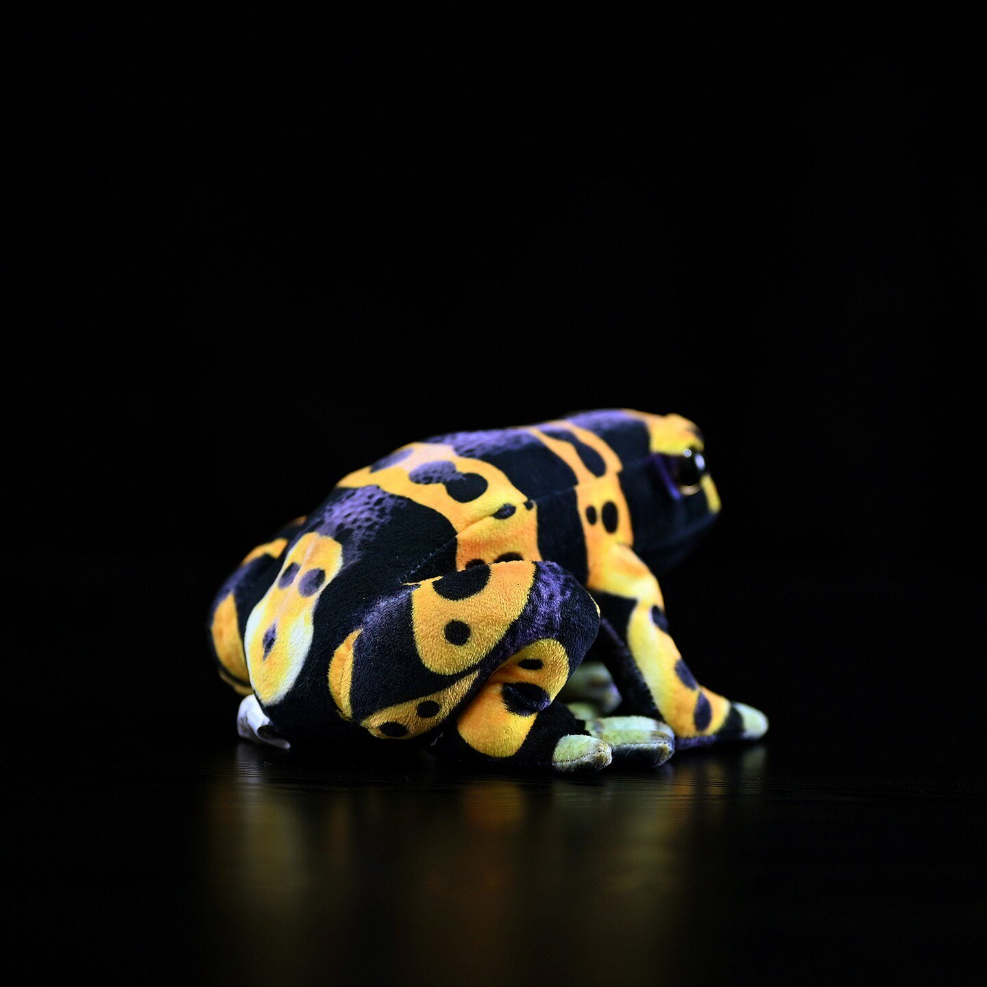 Back angle of Yellow-Banded Poison Dart Frog Plush, highlighting black and yellow spots by SoftDaysLab