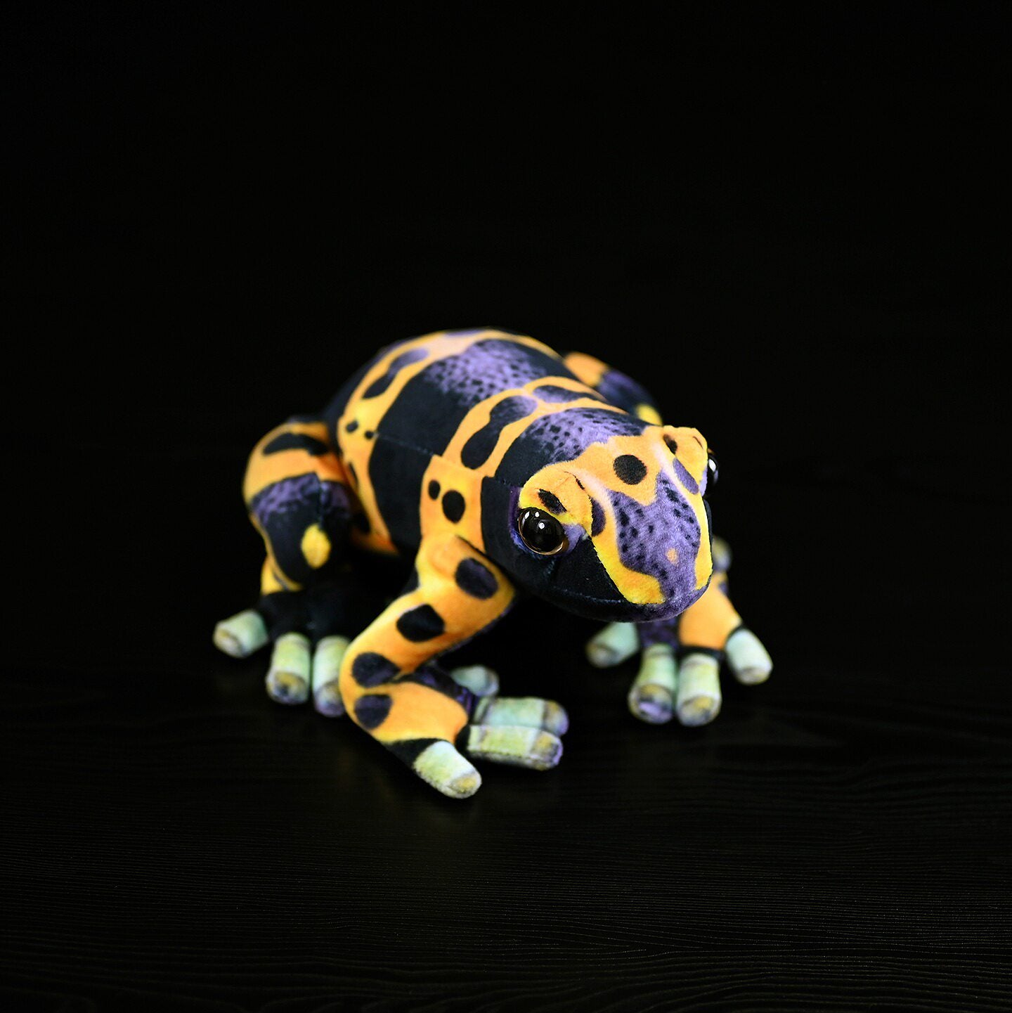 Top view of Yellow-Banded Poison Dart Frog Plush by SoftDaysLab with realistic pattern replication