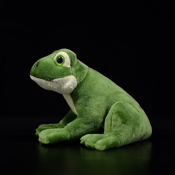 Side profile of American Green Tree Frog plush, highlighting its detailed stitching and vibrant green color