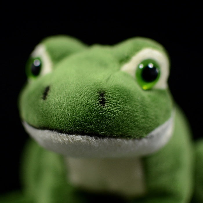 Close-up of the American Green Tree Frog plush face, featuring its bright eyes and soft smile