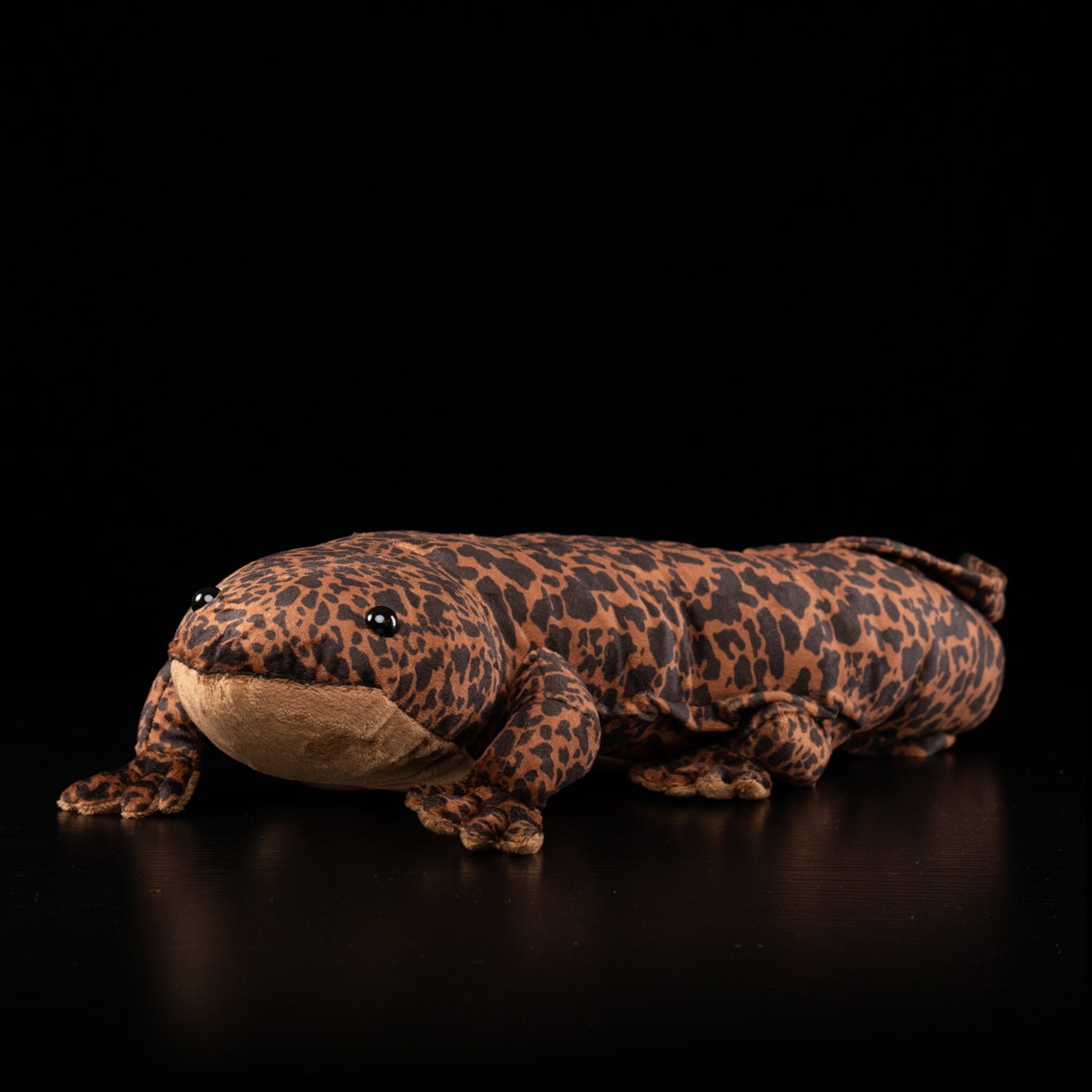 Full-body view of realistic Chinese giant salamander plush with spotted skin design, perfect for nature lovers and collectors