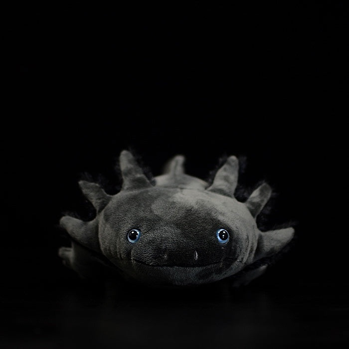 Front view of Black Melanoid Axolotl Plush by SoftDaysLab, featuring adorable and realistic details