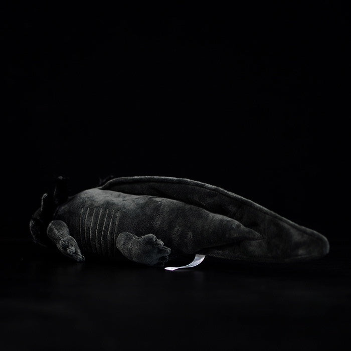 Back view of Black Melanoid Axolotl Plush Toy by SoftDaysLab, soft texture and realistic design