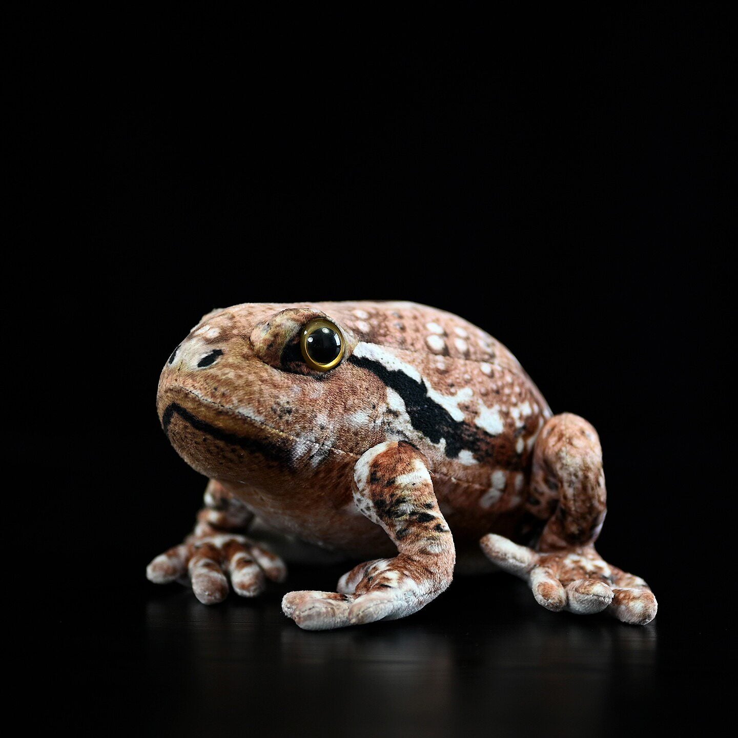 Realistic Japanese Common Toad Plush by SoftDaysLab, showcasing lifelike details on a black backdrop