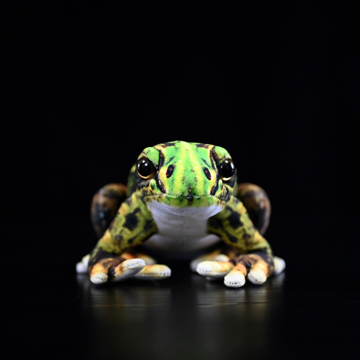 Front view of Japanese Black-spotted Pond Frog Plush with vibrant green tones and natural patterns
