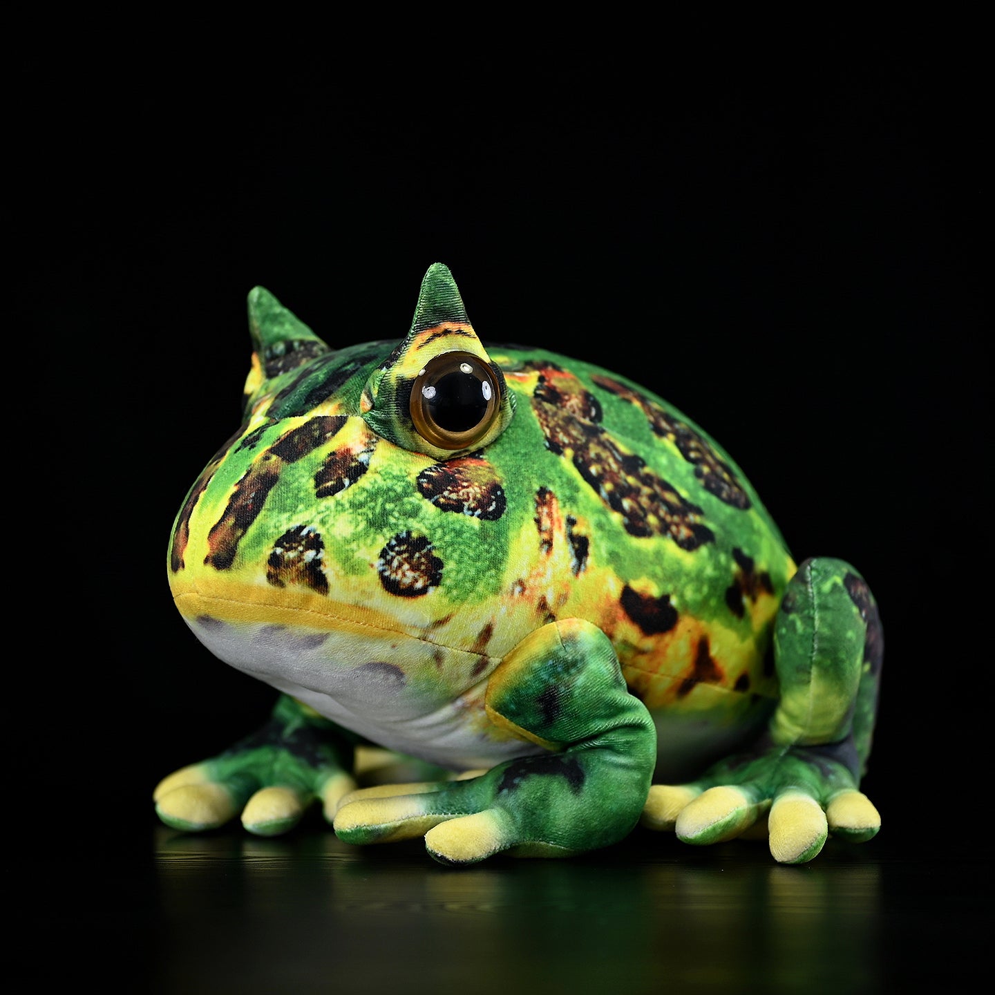 Realistic Pacman Frog Plush by SoftDaysLab, inspired by the Argentine horned frog, with vivid green patterns